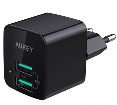 AUKEY Mini Wall Charger with Ai Power, 12W, 2xUSB-A - Black